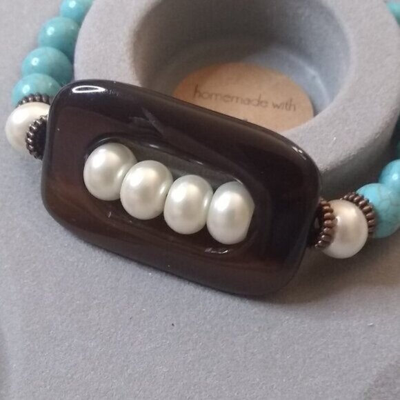 Classy! Chic! Upscale Bougie Boho! Beaded Mixed Stone + Faux Pearl Bracelet 7-8" - Picture 7 of 8
